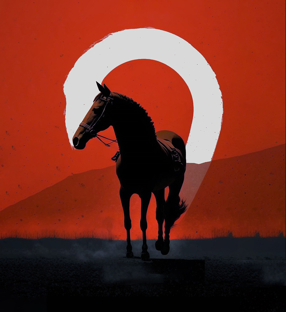 Red and black book cover for the detective novel ROLL by Niklas Three, depicting a race horse in front of a question mark.